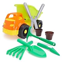 Toyland® 33cm (13\") Dump Truck Vehicle & 7 Piece Gardening Set - Rake, Spade, Plant Pots, Shears, Pickaxe & Dibber - Beach Toy - Outdoor Garden Toys - Age 2 Years+