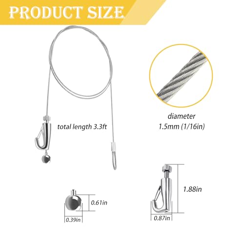 Image of Picture Rail Hooks and Wire Hanging System,Sunxer Tool Picture Hanging Kit 2PCS Picture Rail Hanging System for Picture Frame Mirror Art Gallery Display(1 /16 inch-3.3ft)