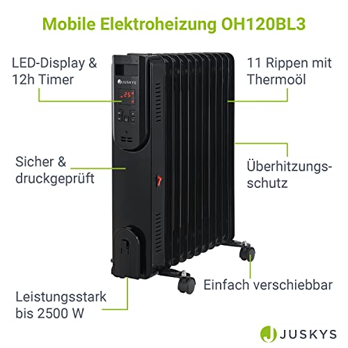 juskys chauffage électrique radiateur à l'huile 2 500 watts chauffage électrique avec 3 niveaux, thermostat, minuterie 12 h et protection contre la surchauffe radiateur noir