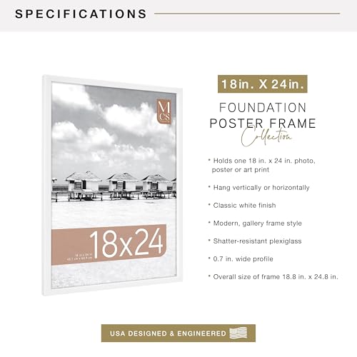 Image of MCS Foundation 18x24 Poster Frame Traditional White, Vertical & Horizontal Wall Hanging Large Picture Frame for Photos, Posters & Art Prints (1-Pack)