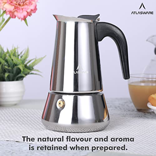 Image of Atlasware Stainless Steel Coffee Maker | Filter Coffee Black Tea Pot Compatible with Induction, Gas Stove | Durable Compact BPA Free Espresso Percolator for Home, Kitchen and Travel (Silver, 4 Cup)