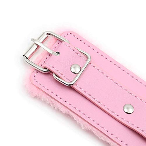 Aomeiter Leather Handcuffs Set, Adjustable Handcuff + Whip Strong and Durable PU Leather Soft Fur Cuffs Multifunctional Bangle, Pink - Thumbnail 7