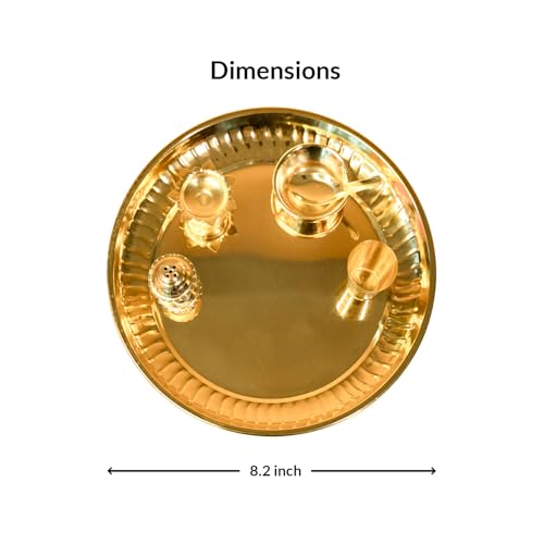 Image of PrettyKrafts Pooja Thali Set Big Size | 8.2 inch Brass Plate, Glass, Spoon, Bowl, Agarbatti Stand, Diya | Golden Thali for Pooja Plate | Puja Ki Thali | Elegant Pooja Thali Brass for Home & Festivals