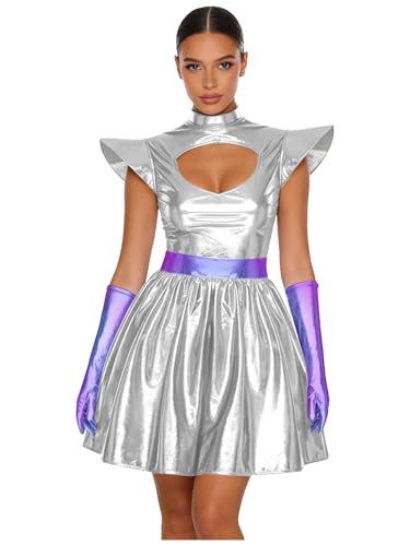 Monduelle Disfraz de extranjero para mujer, vestido de niña espacial con guantes, minivestido metálico, astronauta, Halloween, carnaval, fiesta, plateado, L