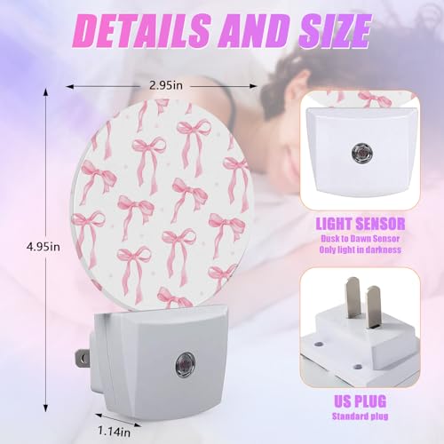 Image of Pink Bow Night Light Ribbon Night Lights LED Lamp Round Plug into Wall Nightlight with Dusk to Dawn Sensor Home Hallway Stairway Kitchen Decor