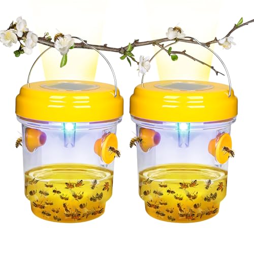 2Pack Wasp Trap, Solar Wasp Traps Outdoor Hanging, Wasps Catchers for The Garden, Reusable Yellow Jacket Repellent & Hornet Bait with UV LED Light Dual Entry Tunnels for Patio, Camping, Farm