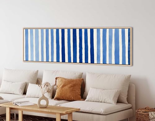 Tableau abstrait à rayures bleues pour sublimer le design épuré de votre salon moderne