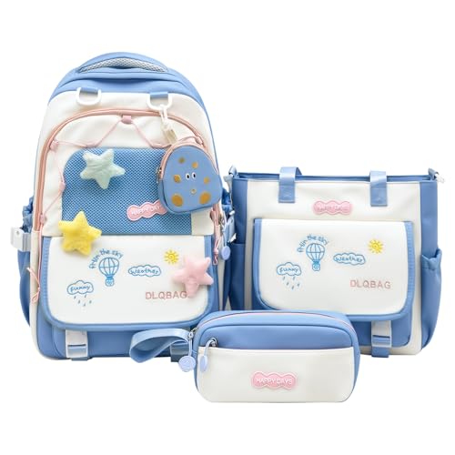 Amythe Mochila Escolar Niña Primaria 3 PIEZAS, Mochila para Niñas y Bolsa de Compras 8 a 15 Años, Mochilas Escolares Chica Ligera, Azul