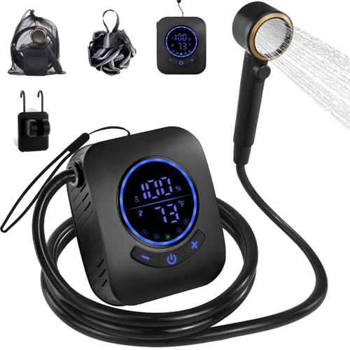 Brarvagur Portable Shower for Camping - 8000mAh Rechargeable Outdoor Shower Pump with 5 Pressure Modes, LED Display, IPX8 Waterproof, Lightweight Design for Hiking, Travel, Pet Cleaning, and Emergency