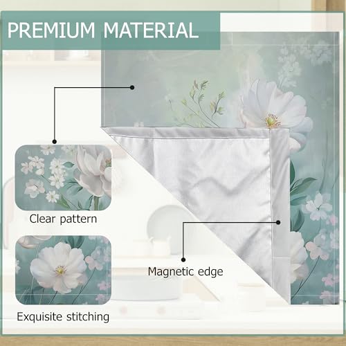 Image of White Flowers Refrigerator Magnet Cover,Green Floral Washable Dishwasher Magnets Decorative Cover,Home Kitchen Decorative Dishwasher Front Panel Cover 23x26 Inch