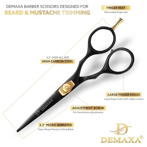 Image of DEMAXA Premium Black 5.5 inch Hair Cutting Scissors with Tweezers, Beard Comb and Mustache Comb - Professionally Sharpened for Precision Trimming, Mustache Scissors, Beard Shears - Grooming scissors men