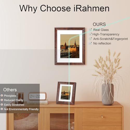 Image of iRahmen 6x8 Vintage Picture Frame with Mat 4x6 - High Definition Real Glass Wooden Photo Frames for Tabletop Display and Wall Mounting (Brown, Set of 4)