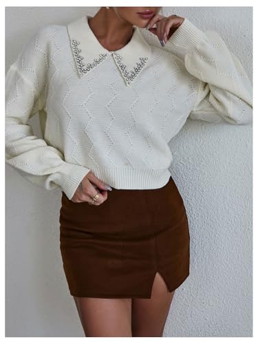 Image of Verdusa Women's Old Money Cable Knit Rhinestone Decor Knit Top Crew Neck Lapel Collar Lantern Sleeve Drop Shoulder Pullover Cropped Sweaters
