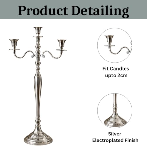 Image of Decorative Aluminum Silver Plated Three Arm Candle Holder Stand for Home Decor, Wedding, Party, DinningTable Centerpiece & Church Altar (18 inch * 7 inch * 30.5 inch)