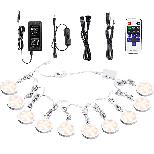 AIBOO Linkable debajo del gabinete iluminación LED 12 V regulable Puck luces con control remoto inalámbrico RF, cableado y enchufe de pared para iluminación de humor de cocina