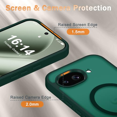 Image of for Google Pixel 10a Case, Matte Magnetic Phone Cover [with 1 Screen Protector] [Support for MagSafe] [Shockproof Military Grade Protection] Translucent Frosted Back, Dark Green