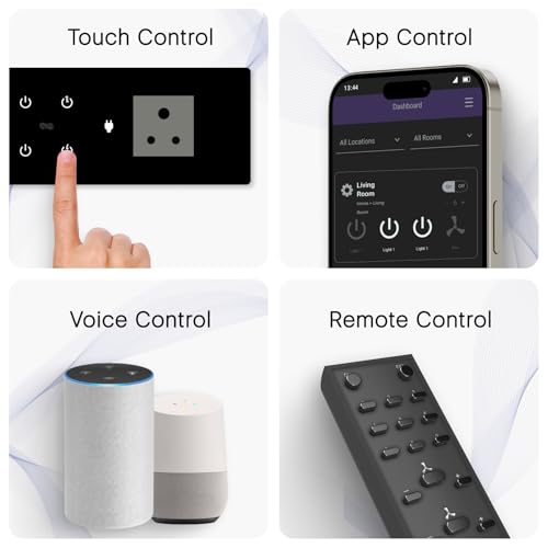 Image of IOTICS Smart Wifi Switch Board: 6 x Switch & 1 x Smart Plug Module. Touch Control, Remote, App Control. Voice Control with Alexa & Assistant. Smart Touch Switch For Home Automation (Black)