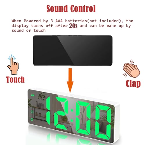 Image of Small Digital Alarm Clock, Mirror Surface LED Electronic Clocks with Large Display, Adjustable Brightness and Snooze Model for Bedroom, Desk, Office, Whitecase Green Digit