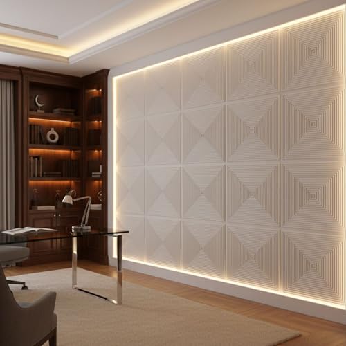 Image of Kayra Decor 3D PVC Wall Panels for Bedroom & Living Room | Line Design |White Color | 19.7 x 19.7 Inch | Pack of 18 | 48.42 Sq Ft