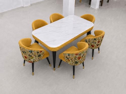 Image of WOODEN SPACE 6-Seater Wooden Dining Table Set | Nano Composite Marble Top | Solid Wood Base | Modern Dining Room Furniture with 6 Chairs (Yellow Printed)