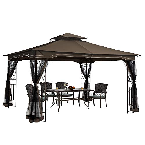 PAMAPIC 13x11 Gazebo Canopy Tent, for Sun and rain with Skylight and Mosquito net, Waterproof Soft Metal roof Pavilion, for Lawn, Garden, Backyard and Deck (Khaki)