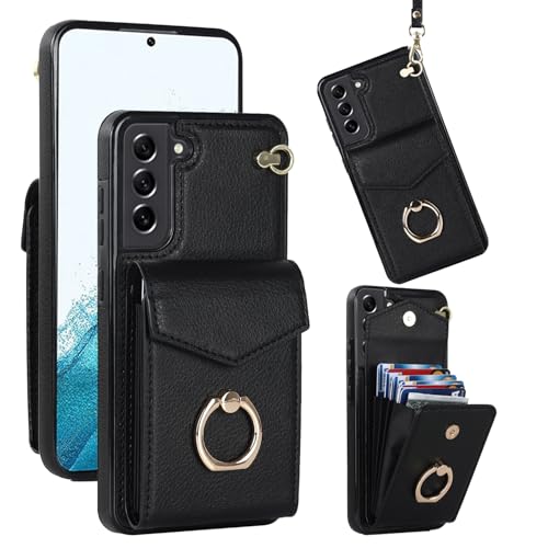 Knoowcase for Samsung S21 FE Case Shockproof Wallet Case Card Holder Slots Ring Wrist Strap PU Leather Shell RFID Blocking Kickstand Magnet Full Protective Cover for Samsung Galaxy S21 FE, Black
