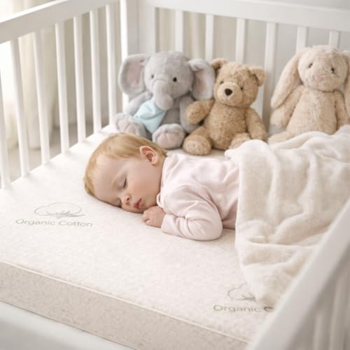 Image of DREAMZEE 100% Natural Latex Baby Crib Mattress 120x60x8cm with Waterproof Protector | Firm Orthopedic Support | Breathable, Hypoallergenic Baby Cot Mattress with GOTS Certified Organic Fabric