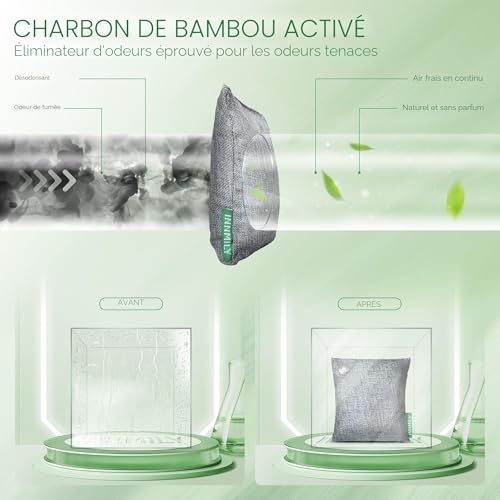 Charbon actif de bambou : lot de 8 absorbeurs d'odeurs avec crochets pour maison