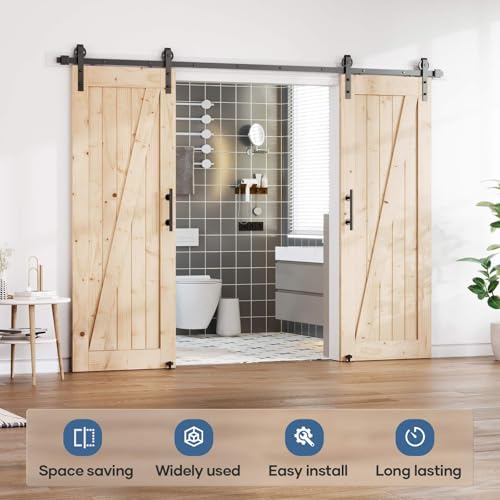 Image of EaseLife 10FT Double Door Sliding Barn Door Hardware Track Kit & Handle,Big Industrial Spoke Wheel,Wall Mount,Slide Smoothly Quietly,Easy Install,Black,108 inch Track Fit for 50-52 inch Wide Opening (No Door)