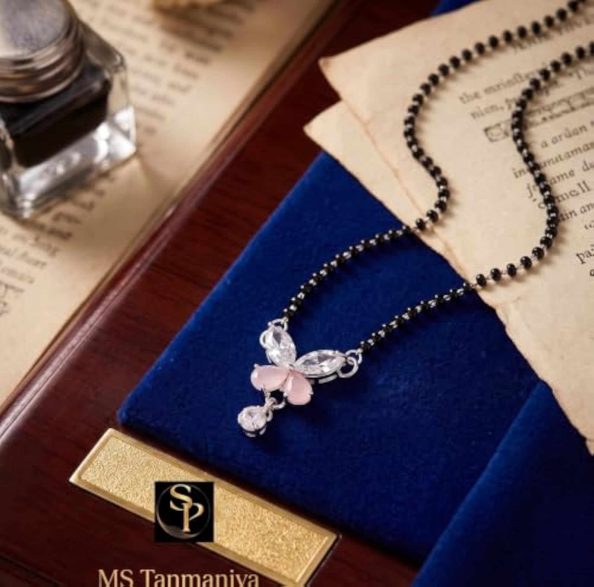 Modern Butterfly Mangalsutra with Rose Pink Stone & CZ Pendant