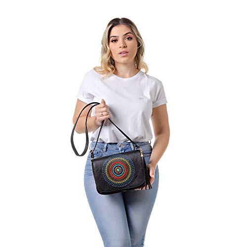 Kit De Bolsa transversal + Carteira Mandala Bordada Nova Delhi Alice Monteiro Cor:Preto