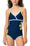 SEAUR Tankini Teenager Mädchen 15-16 Jahre Badeanzug 2-teilig V-Ausschnitt Verstellbares Oberteil mit Farbblock Design Blumen Cut Out Bademode mit Bikinihose Marineblau