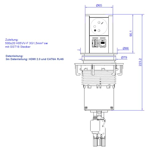 Bloc multiprise escamotable BACHMANN Elevator avec connecteurs UTE HDMI et CAT6A 90° - 6