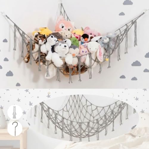 Large Macrame Stuffed Animal Storage Hammock | Holds 12 lbs | Corner Stuffed Animal Organizer | Plushie Net for Stuffed Animals | Stuffy Storage, Cute Bedroom, Room Decor | Grey