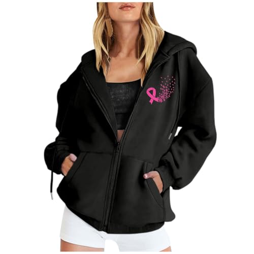 Womens Breast Cancer Awareness Hoodies Full Zip Up Ribbon Graphic Fall Winter Fleece Oversized Sweatshirt with Pocket