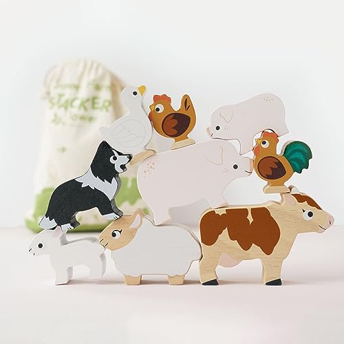 Image of Le Toy Van Petilou Wooden Sunny Farm Stacking Animals and Bag | Farmyard Animal Building Blocks, Balancing Toy, Wooden Animal Toys for Toddlers, Suitable for 18 Months and Up