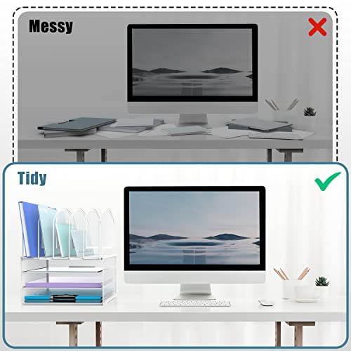 DALTACK 3-Tier Mesh Desk File Organizer, Stackable Letter Tray with 5 Vertical File Holders, Multifunction Desktop Organizer for Home Office Supplies, White by DALTACK - Image 6