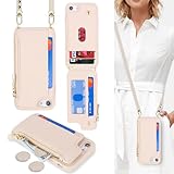 Cavor for iPhone 8 Plus Wallet Case with Card Holder, Crossbody Lanyard and Wristlet Zipper Pocket - Cream