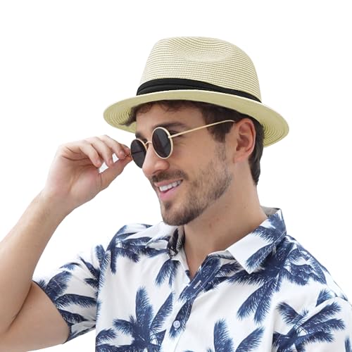 Panama Hat Straw Fedora Hat for Men Women Packable Short Brim UPF 50+ UV Sun Protection Summer Beach Hat Cream