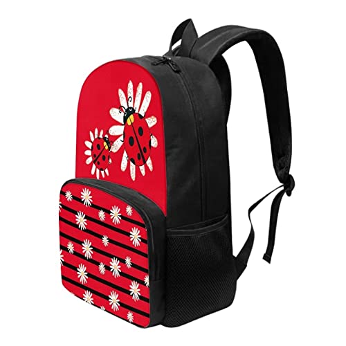 Modysero Red Stripes Ladybug Daisy Print Custom Student Backpack Lightweight Large Capacity School Bag with Two Side Pocket Travel Picnic Casual Backpack for Girls3