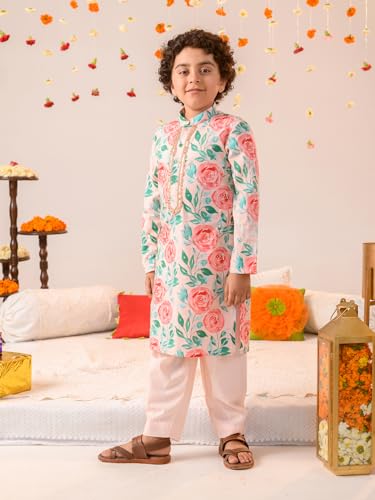 Pspeaches Boys Floral Printed Pure Cotton Kurta With Pyjamas