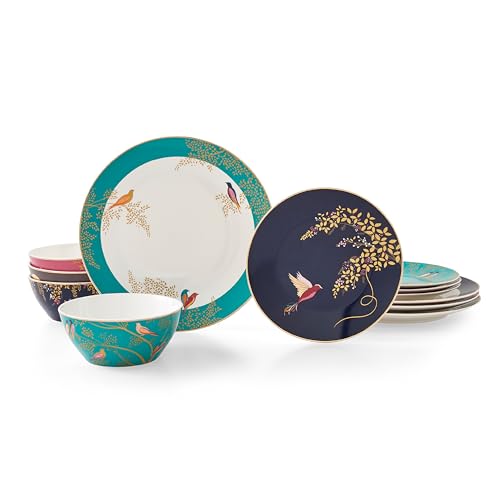 Sara Miller SMC79243-XD London Chelsea Collection 12 Piece Tableware Set, Porcelain, Gold,white