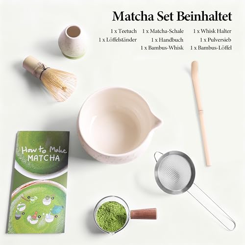 Matesen Matcha Set Beige Grün, 5-teiliges Matcha Besen Set,Premium Starter Set für Anfänger, Matcha Tee Set mit Sieb Chawan und Besen… – Ansicht 2