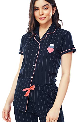 Image of ZEYO Women's Cotton Strip Printed Korean Night Suit Set of Shirt & Pajama Set (Available in Plus Size)