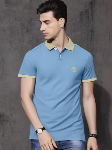 Image of LEOTUDE Men's Polo Neck Matty Half Sleeve Collor Solid Regular Fit Tshirts (Sky Blue)