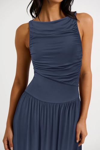 Image of Newshows Women 2025 Summer Maxi Dresses Vacation Ruched Boat Neck Tank Flowy Elegant Party Long Formal Dress Pockets