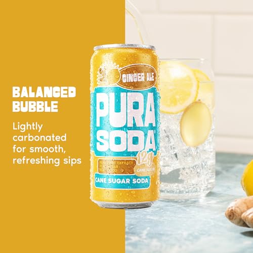 Image of PuraSoda Ginger Ale - 12g Pure Cane Sugar Soda, 10 Fl Oz, Pack of 12 | Real Ginger Extract, Non-Gmo Vegan, No Stevia Or Artificial Sweeteners, 12g Cane Sugar, 10 Fl Oz Cans