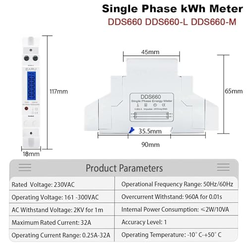 Wattmètre numérique monophasé rail DIN DDS660 AC 220V LCD 18mm - 2