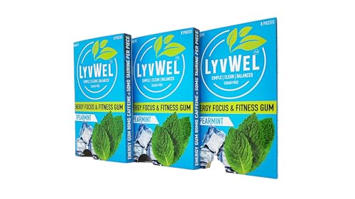 Image of LyvWel Energy Gum | 80mg Caffeine + 50mg Taurine per gem | All Natural | Sugar-Free Pre-Workout Boost: Your Essential Energy Supplement to Stay Awake (Spearmint, 3 Pack)
