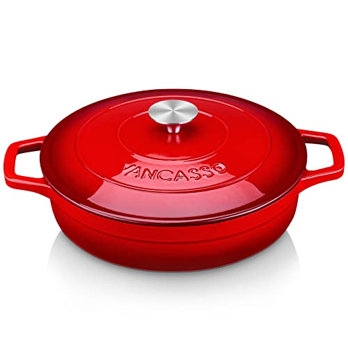 vancasso Runder roter Kasserolle aus emailliertem Gusseisen, 3 l, Kochtopf mit Deckel, Dutch Oven...